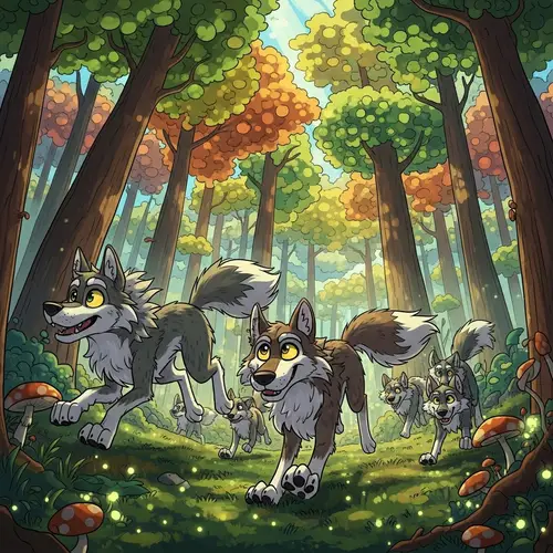 Cartoon-Style Wolves in Forest | Pack of Wolves