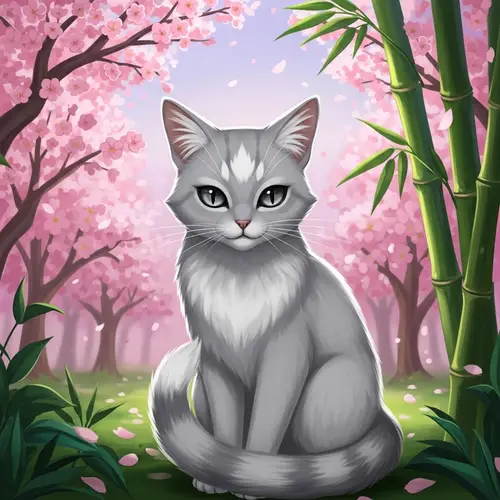 Anime-Style Cat with Silver Fur Coat