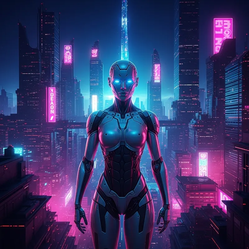 Futuristic Cyborg in Neon-Lit Cityscape: Vibrant Cyberpunk Scene