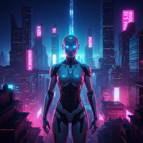 Futuristic Neon-Lit Cyberpunk Cityscape with Glowing Cyborg