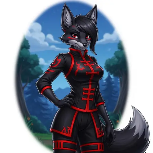 Female Black Fox Character in Striking Black and Red Outfit