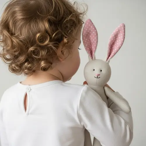 Sweet Interaction: Two-Year-Old Girl Hugging Linen Plush Rabbit