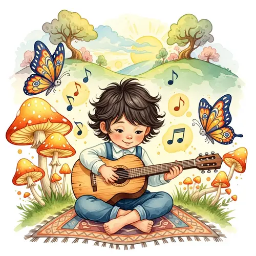 Child with Black Hair Playing Guitar in Disney Style