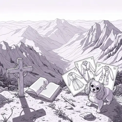 Pastel Mountain Scene with Symbolism of Christianity and Hobbies