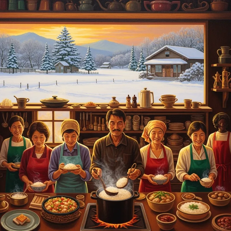 Cozy Winter Rice Dishes: Serene Landscapes & Homely Kitchen Scenes