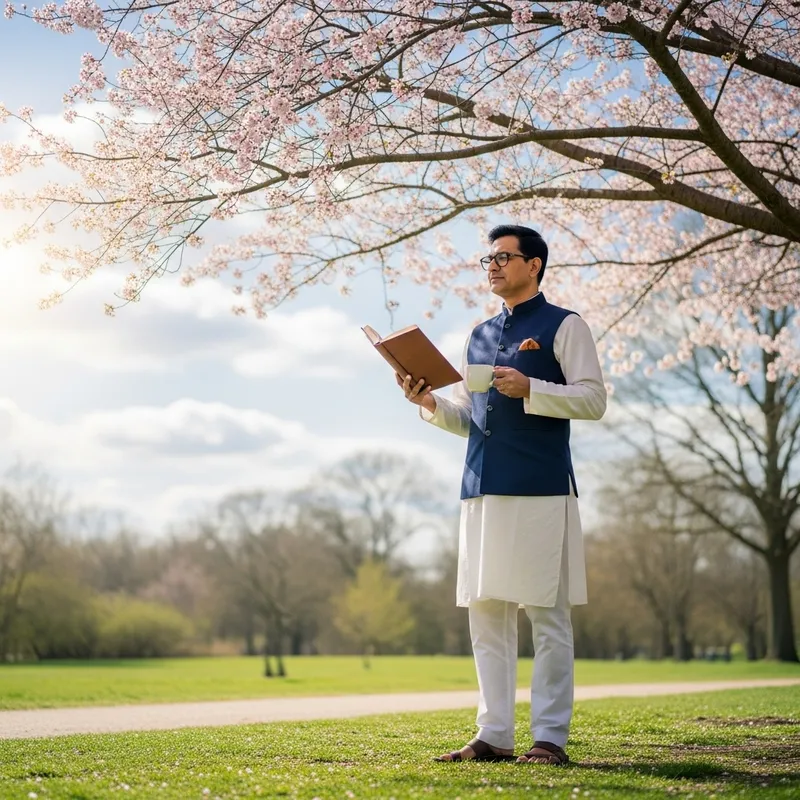 South Asian Man Reading Book Under Cherry Blossom Tree