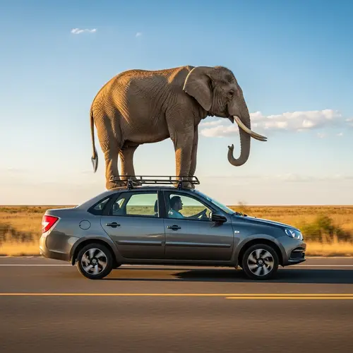 Realistic Illustration of Elephant on Lada Granta Car