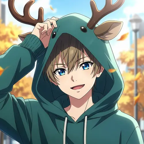 Anime Boy with Short Dark Blonde Hair in Reindeer Hoodie