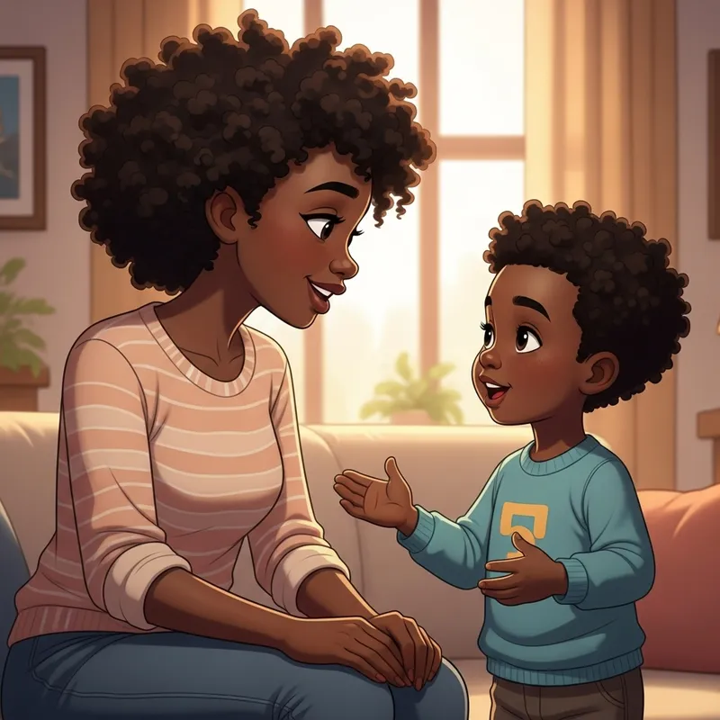 Heartwarming Cartoon: Young Black Mother & 5-Year-Old Son