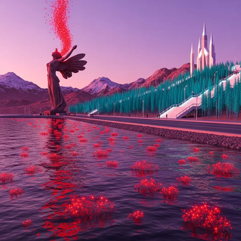 Sparkling Copper Mountains Reflections on Purple Sea | Stunning Visual Spectacle