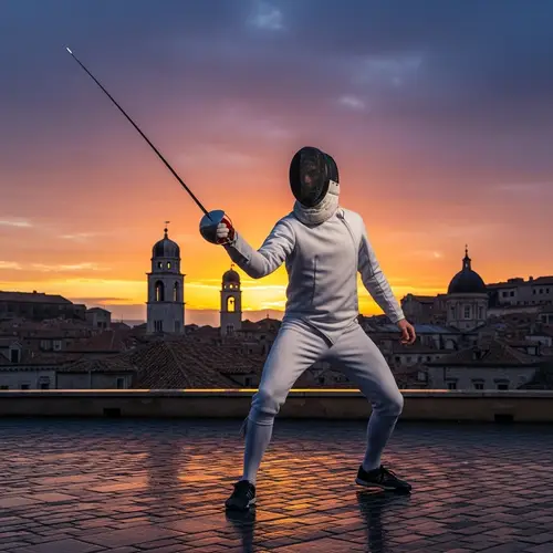 Caucasian Swordsman in Traditional Attire Practicing Fencing at Sundown