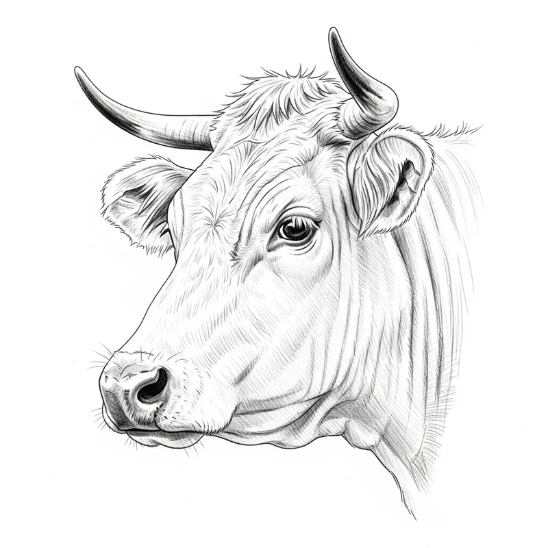 Detailed Cow's Head Sketch - Realistic Side View Drawing