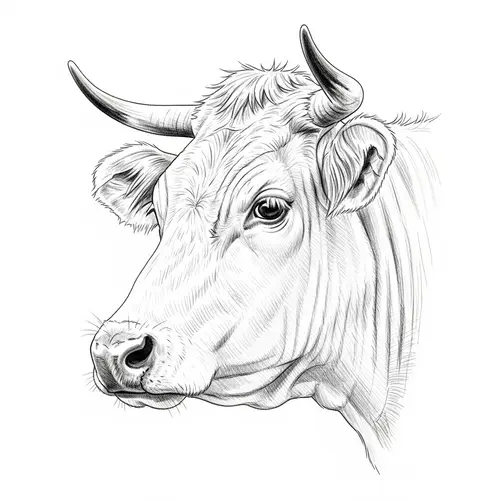 Detailed Cow's Head Sketch - Side View Drawing
