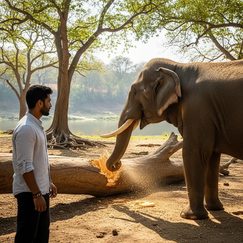 South Asian Man and Elephant - Tree Trunk Breaking Scene