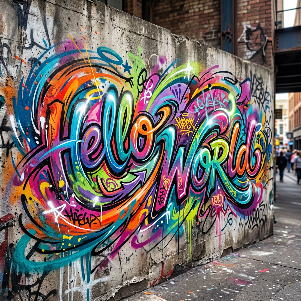 Vibrant Graffiti Art - Hello World Design | AI Art Generator