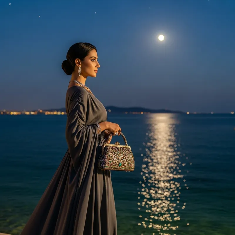 Elegant Woman Admiring the Sea at Night with Designer Purse Elegant Woman Admiring the Sea at Night with Designer Purse