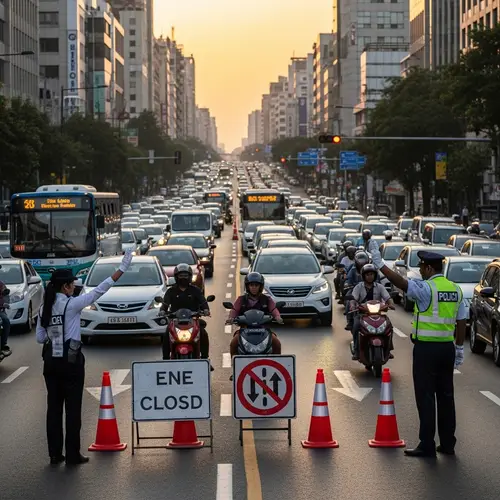 Busy City Scene with Traffic Officers at Rush Hour