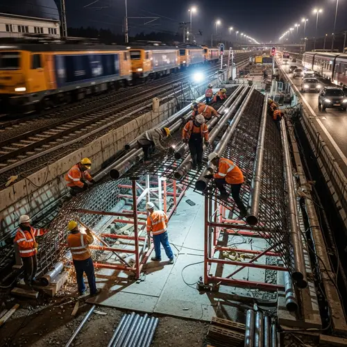 Multiracial Construction Workers Building Protective Arch for Tunnels and Crossings