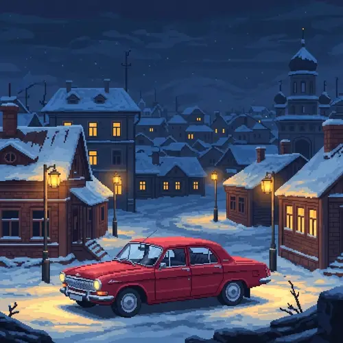 Vintage Cherry Red Volga 3102 Car in a Snowy Russian Town