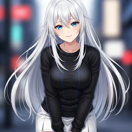 Girl with Long White Hair in Black Sweater and Miniskirt