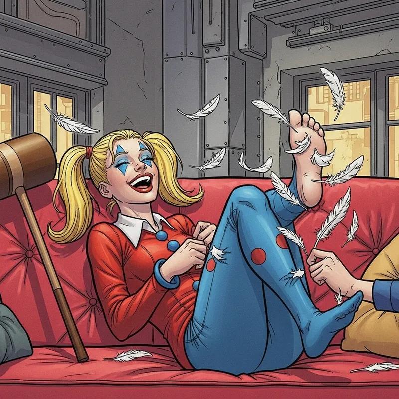 Harley Quinn Tickle: Playful Feat Tickling on Plush Sofa