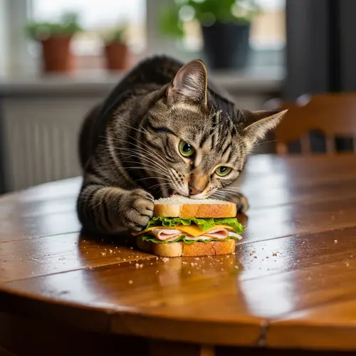 Cat Eating Sandwich on Round Table