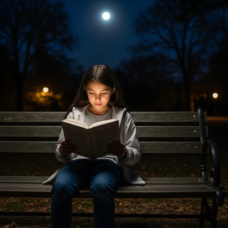 Girl Reading Book on Park Bench at Night Girl Reading Book on Park Bench at Night