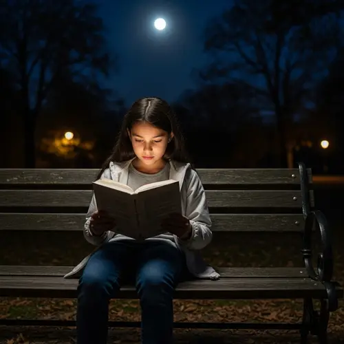Girl Reading Book on Park Bench in Moonlight