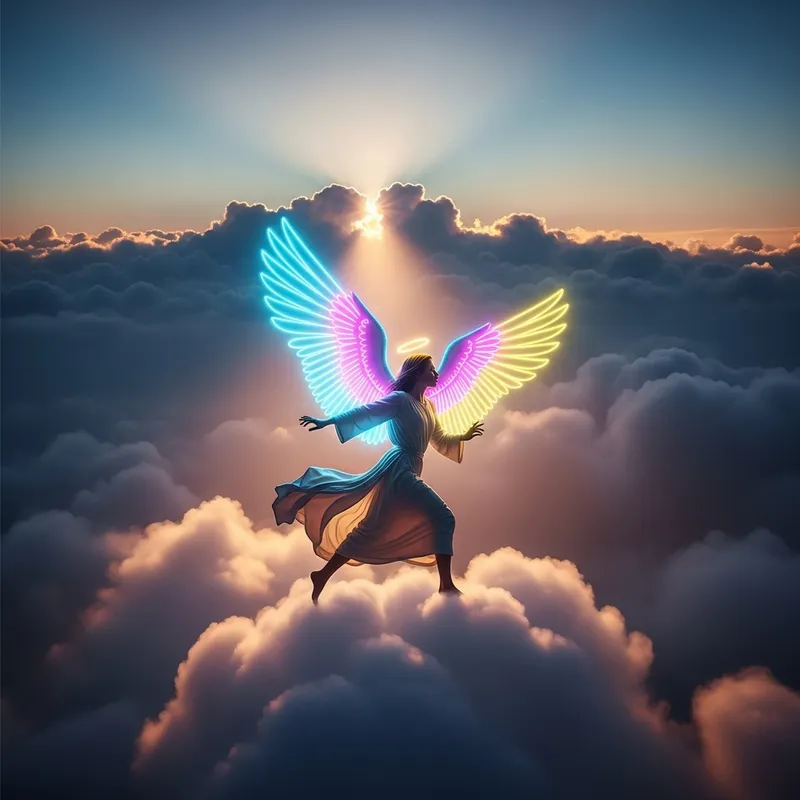 Ethereal Angel Wings Radiating Neon Glow Flying on Heavenly Clouds