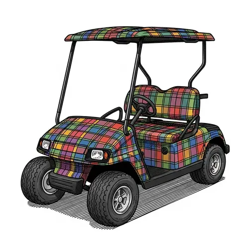 Detailed Plaid-Patterned Golf Cart Drawing