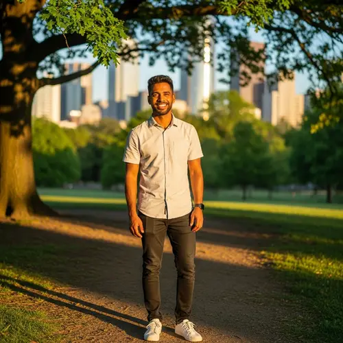 Serene 33-Year-Old Man with Green Eyes | Casual Outdoor Portrait