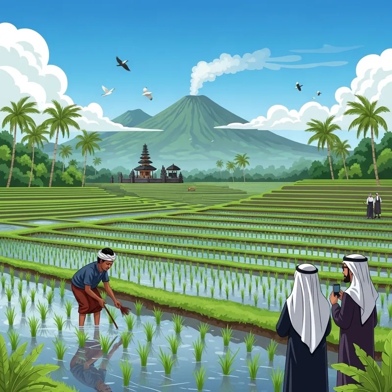 Serene Balinese Rice Terrace Overlooking Volcano Serene Balinese Rice Terrace Overlooking Volcano