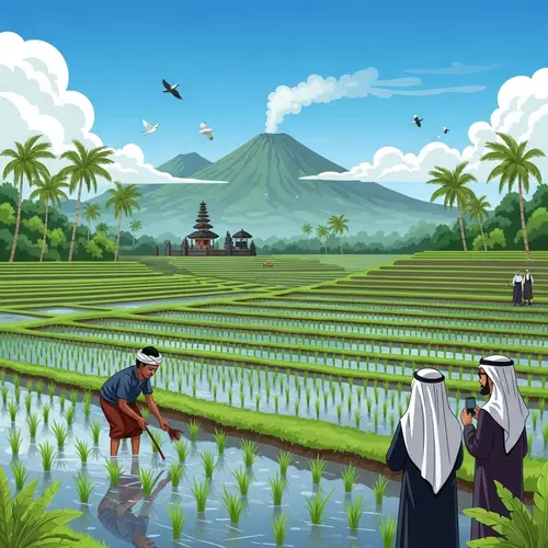 Serene Balinese Rice Terrace with Temple and Volcano View