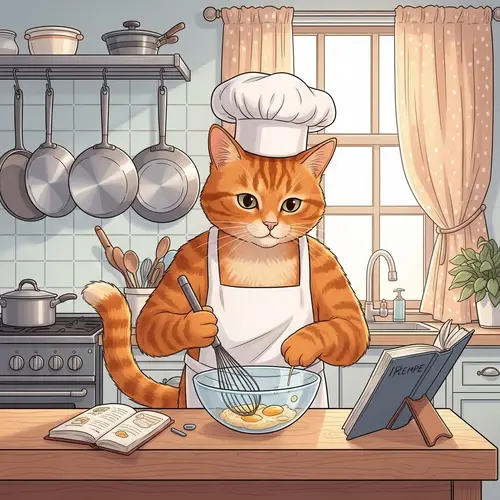 Diverse Gendered Orange Tabby Cat Chef in Cozy Kitchen