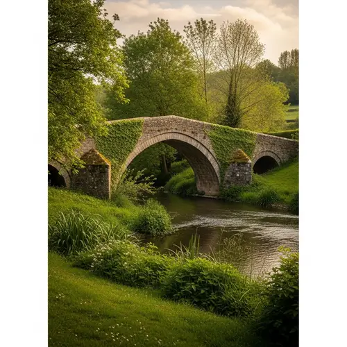 Tranquil Stone Bridge in Lush Greenery | Rural Landscape Serenity