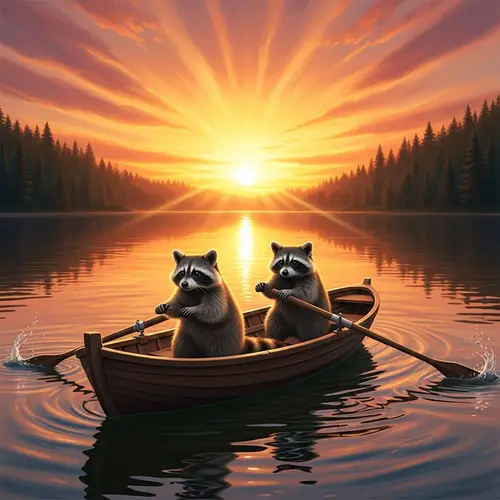 Rustic Rowing Raccoons: Tranquil Sunset on Forest Lake