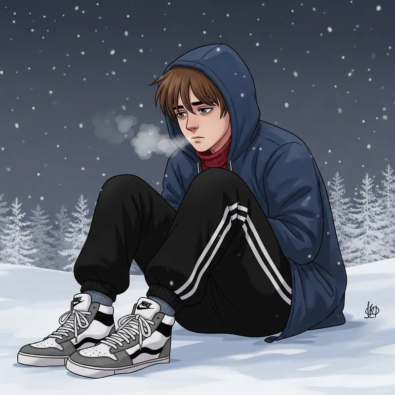 Depressed 18 Y.O. Boy in Winter Russia with Nike Air Jordan 1 and Black Adidas Pants