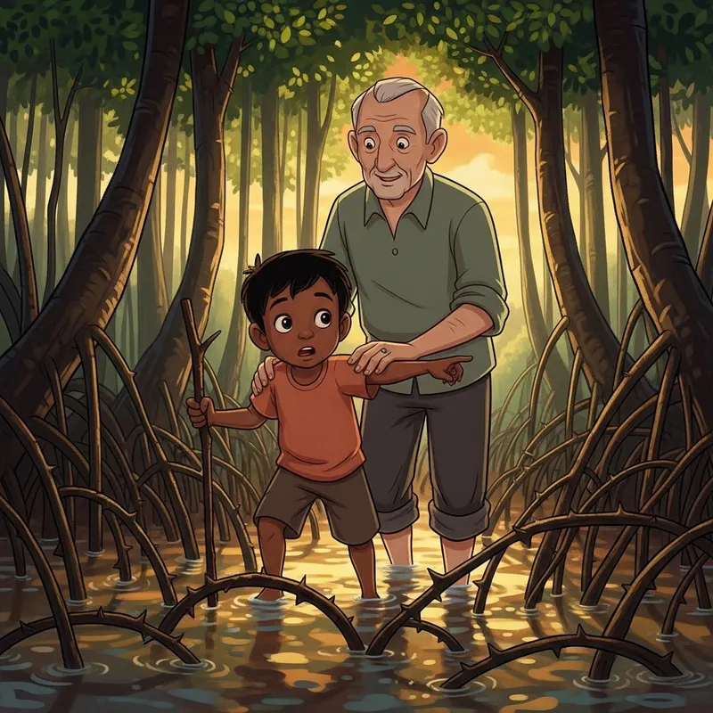 Child and Grandpa Adventurous Stroll in Animated Mangrove Exploration Child and Grandpa Adventurous Stroll in Animated Mangrove Exploration