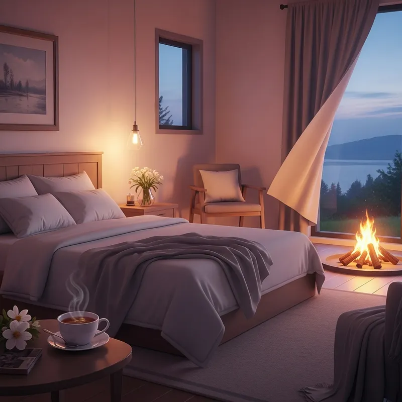 Cozy Room with Plush Bed, Steaming Tea, and Crackling Bonfire