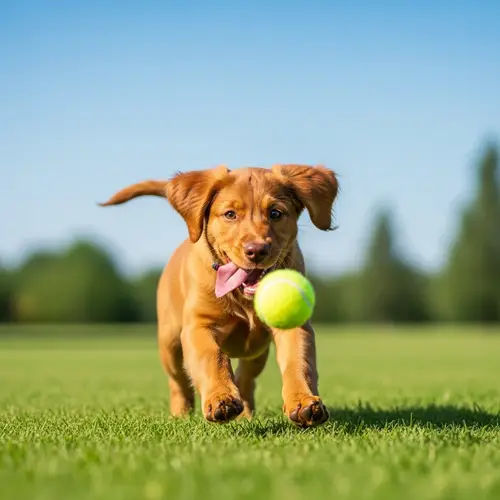 Playful Pup Chasing Yellow Tennis Ball in Lush Green Park