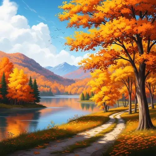 Tranquil Landscape in Autumn | Vivid Orange & Gold Leaves