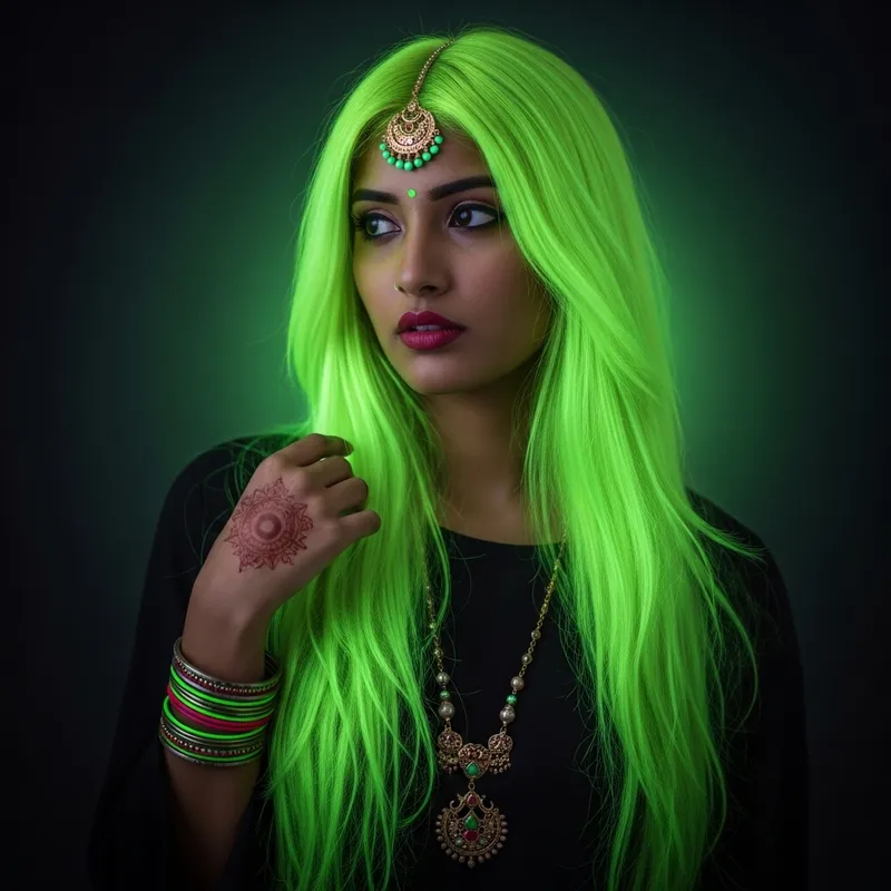 Stunning Girl with Long Neon-Colored Hair in Green
