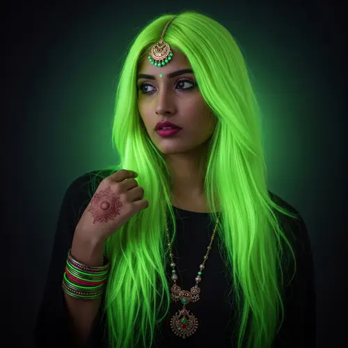 Captivating South Asian Girl with Neon Green Hair