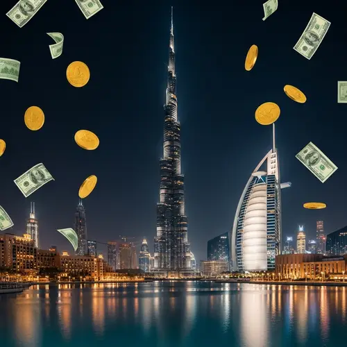 Dubai Night Skyline with Falling Gold Coins and Dollar Bills