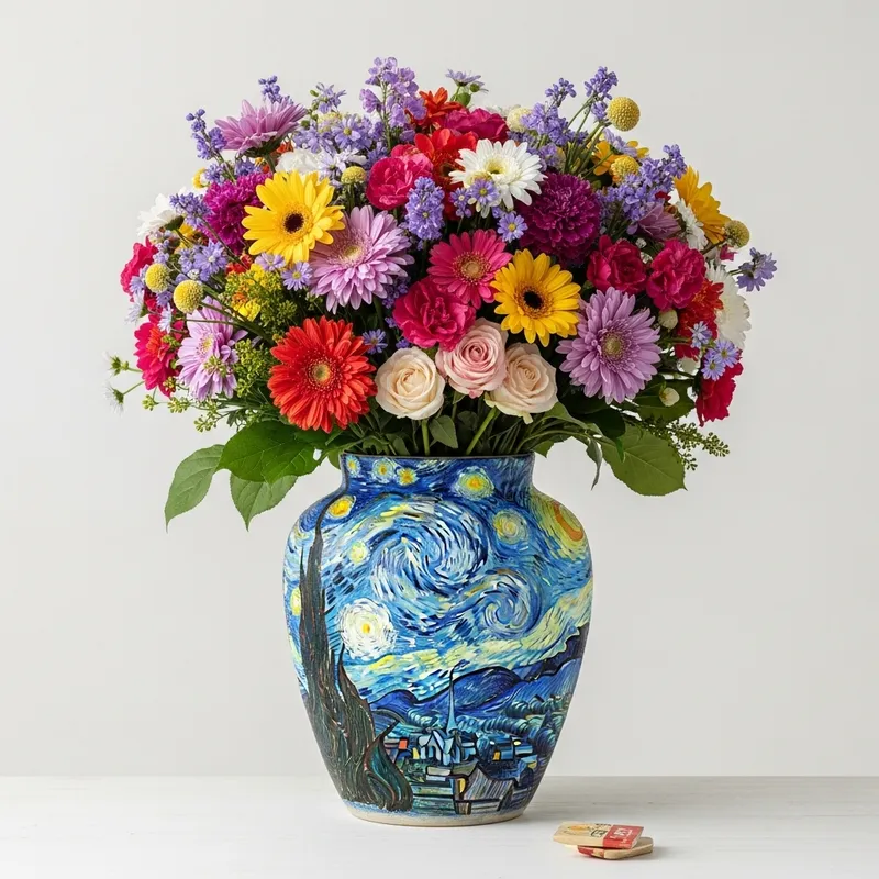 Beautiful Flower Bouquet in Van Gogh Inspired Vase