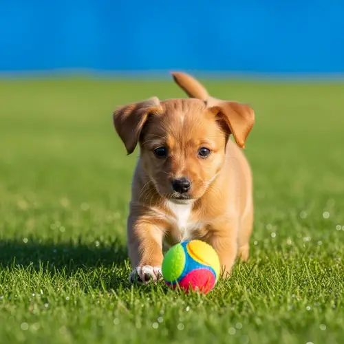 Playful Puppy Running in Sunlight on Green Lawn