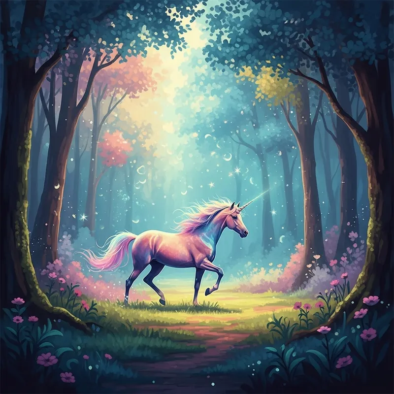Magical Unicorn in Mystical Forest Fantasy Art