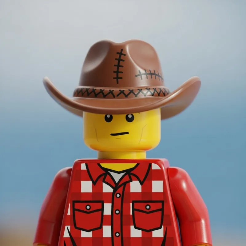 Lego Minifigure with Red Checked Shirt & Cowboy Hat