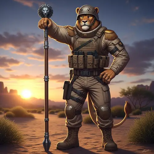 Realistic Military Lion with Staff - Powerful Warrior Art