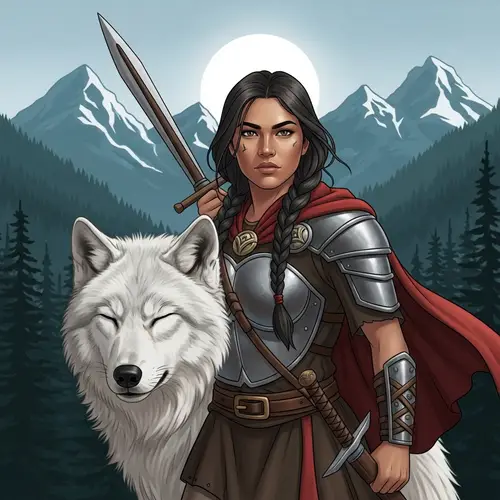 Hispanic Woman Warrior & White Wolf | Art Illustration